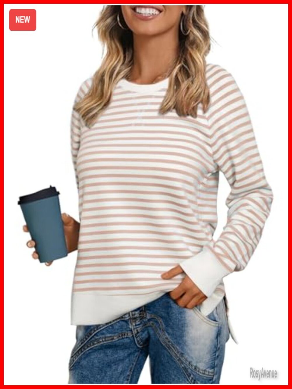 Womens Long Sleeve Crewneck Sweatshirt Loose Fit Striped Pullover Top